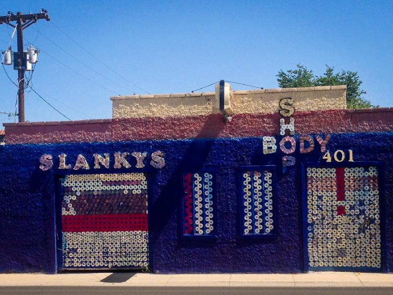 Slankys Body Shop decorated with CDs, Roswell NM